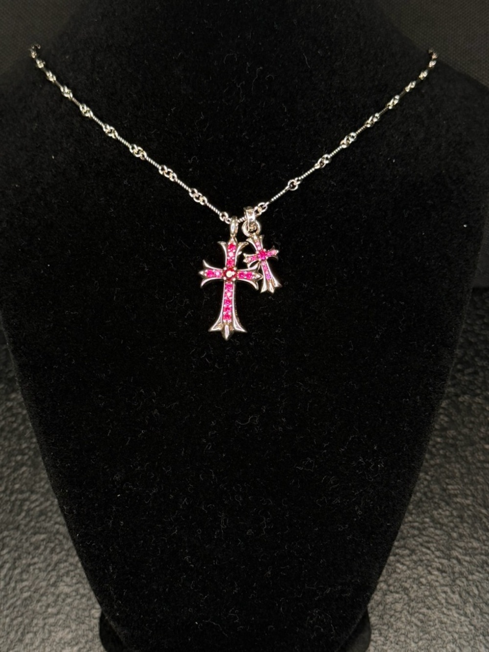 Chrome Hearts Pink Diamond Studded Double Floral Cross Unisex Necklace